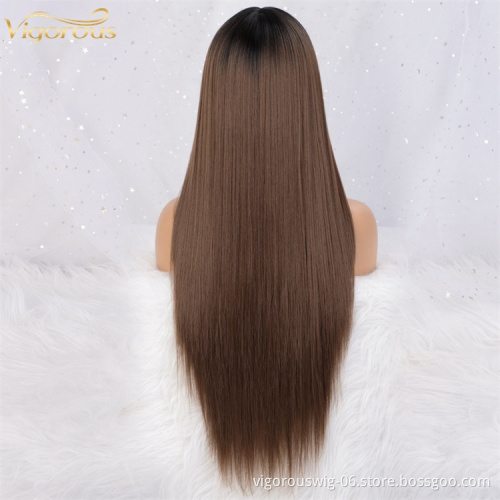 Vigorous Wholesale Price Long Silky Straight Wig With Bangs Ombre Brown Heat Resistant Fiber Synthetic Hair Frontal Lace Wigs